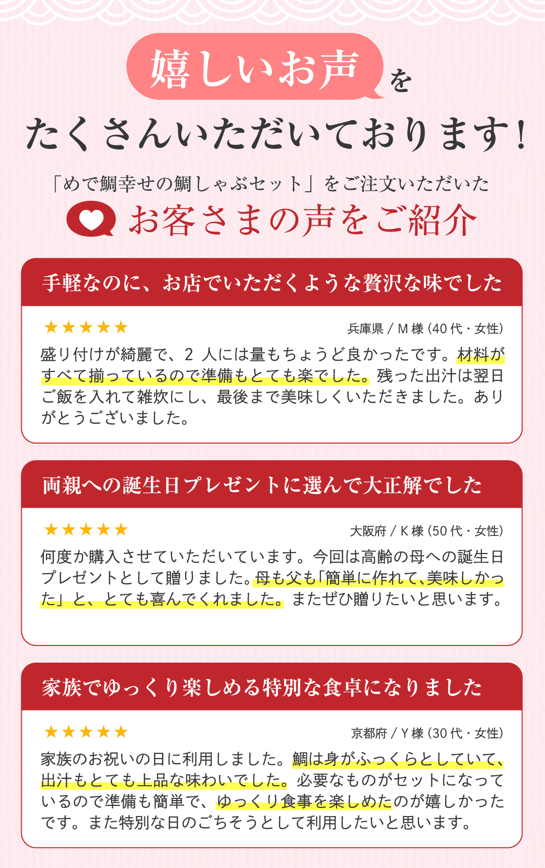嬉しいお声をたくさんいただいております お客さまの声をご紹介 手軽なのに、お店でいただくような贅沢な味でした 両親への誕生日プレゼントに選んで大正解でした 家族でゆっくり楽しめる特別な食卓になりました