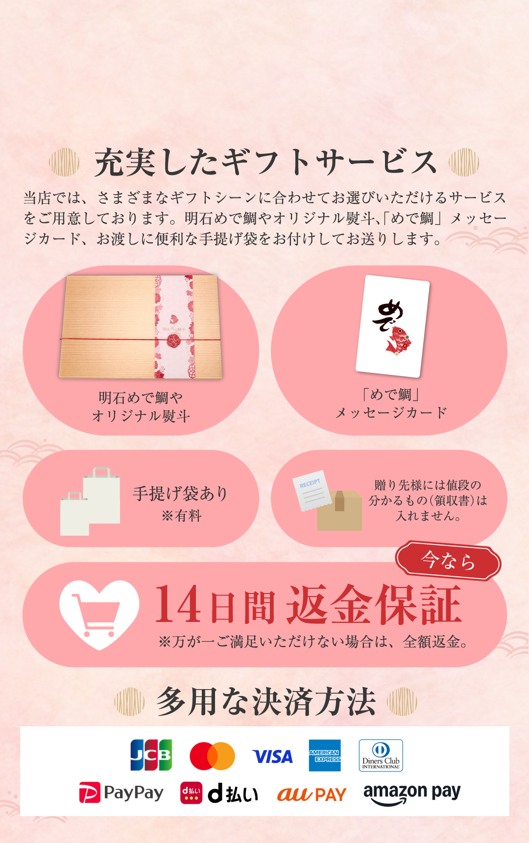 充実したギフトサービス オリジナル熨斗 メッセージカード 手提げ袋あり 送り先様には値段の分かるもの（領収書）は入れません。 14日間返金保証 ※万が一ご満足いただけない場合は、全額返金。 多用な決済方法